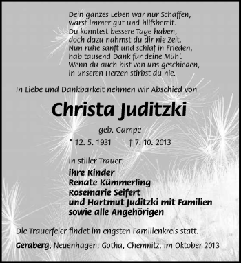 Traueranzeige von Christa Juditzki von Südthüringer Presse