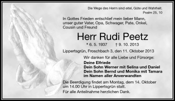 Traueranzeige von Rudi Peetz von Frankenpost