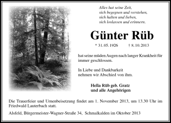 Traueranzeige von Günter Rüb von Südthüringer Presse