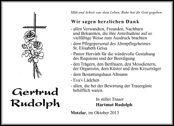 Traueranzeige von Gertrud Rudolph von Südthüringer Presse