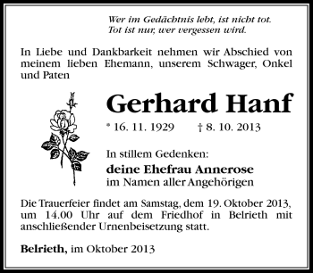 Traueranzeige von Gerhard Hanf von Südthüringer Presse
