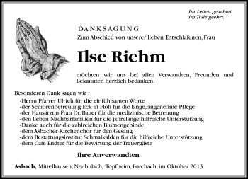 Traueranzeige von Ilse Riehm von Südthüringer Presse