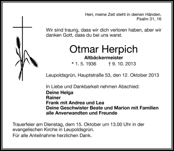 Traueranzeige von Otmar Herpich von Frankenpost