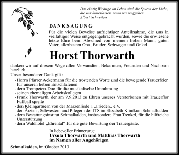 Traueranzeige von Horst Thorwarth von Südthüringer Presse