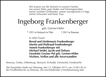 Traueranzeige von Ingeborg Frankenberger von Südthüringer Presse