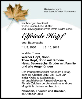 Traueranzeige von Elfriede Hopf von Südthüringer Presse