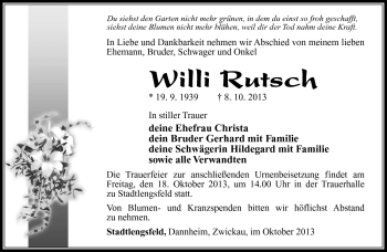 Traueranzeige von Willi Rusch von Südthüringer Presse