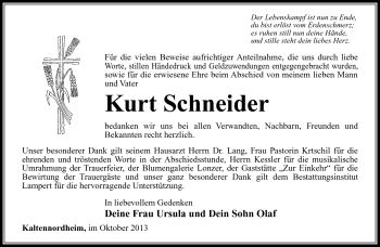 Traueranzeige von Kurt Schneider von Südthüringer Presse