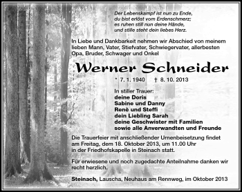 Traueranzeige von Werner Schneider von Südthüringer Presse