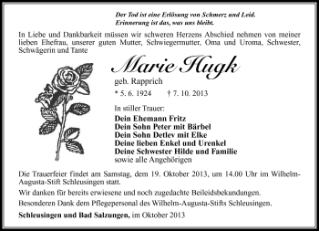 Traueranzeige von Marie Hugk von Südthüringer Presse
