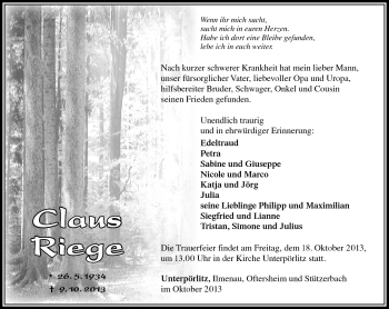 Traueranzeige von Claus Riege von Südthüringer Presse
