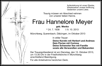 Traueranzeige von Hannelore Meyer von Frankenpost