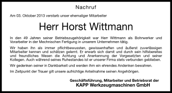 Traueranzeige von Horst Wittmann von Neue Presse Coburg