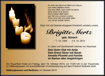 Traueranzeige von Brigitte Merz von Südthüringer Presse