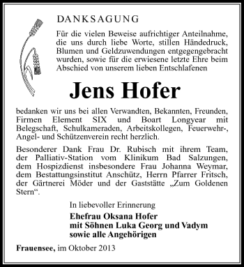 Traueranzeige von Jens Hofer von Südthüringer Presse