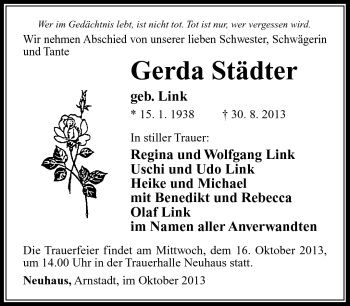 Traueranzeige von Gerda Städter von Südthüringer Presse