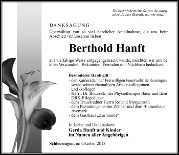 Traueranzeige von Berthold Hanft von Südthüringer Presse