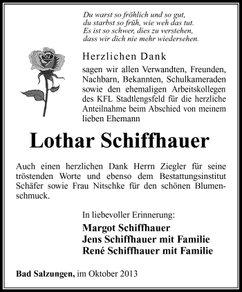 Traueranzeige von Lothar Schiffhauer von Südthüringer Presse