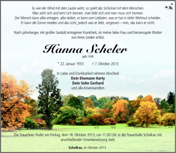 Traueranzeige von Hanna Scheler von Südthüringer Presse