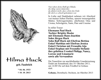 Traueranzeige von Hilma Huck von Südthüringer Presse