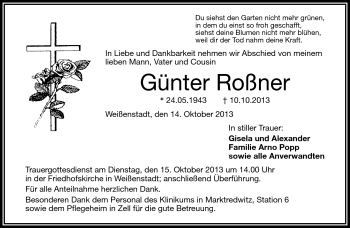 Traueranzeige von Günter Roßner von Frankenpost