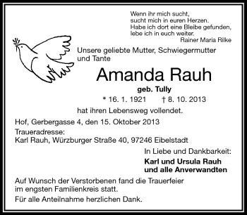 Traueranzeige von Amanda Rauh von Frankenpost