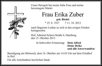 Traueranzeige von Erika Zuber von Frankenpost