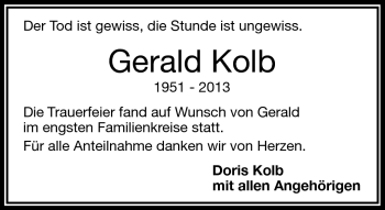 Traueranzeige von Gerald Kolb von Frankenpost