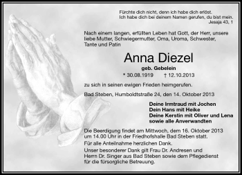 Traueranzeige von Anna Diezel von Frankenpost