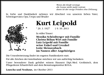 Traueranzeige von Kurt Leipold von Südthüringer Presse