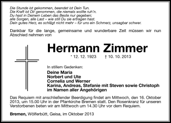 Traueranzeige von Hermann Zimmer von Südthüringer Presse