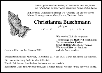 Traueranzeige von Christianna Buschmann von Neue Presse Coburg