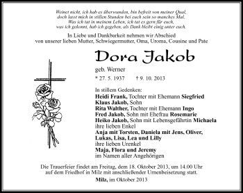 Traueranzeige von Dora Jakob von Südthüringer Presse