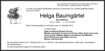 Traueranzeige von Helga Baumgärtel von Frankenpost