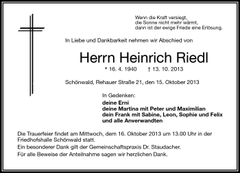 Traueranzeige von Heinrich Riedl von Frankenpost