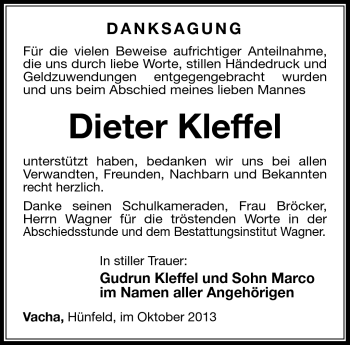 Traueranzeige von Dieter Kleffel von Südthüringer Presse