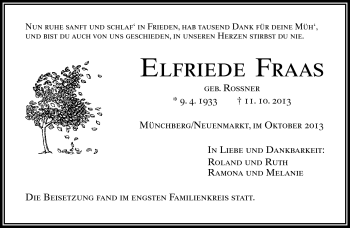 Traueranzeige von Elfriede Fraas von Frankenpost
