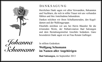 Traueranzeige von Johanna Schumann von Südthüringer Presse