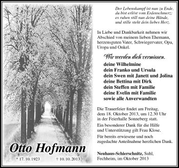 Traueranzeige von Otto Hofmann von Südthüringer Presse