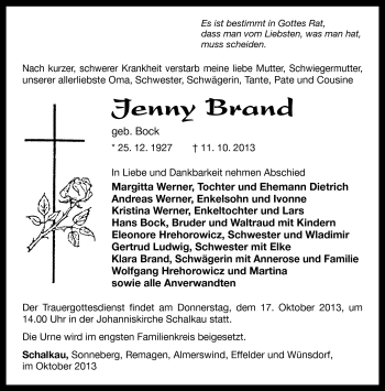 Traueranzeige von Jenny Brand von Südthüringer Presse