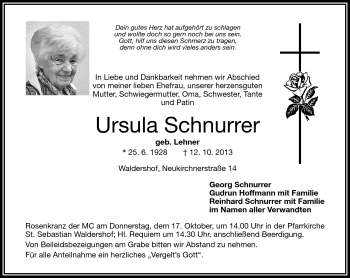 Traueranzeige von Ursula Schnurrer von Frankenpost