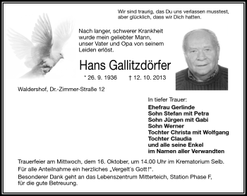 Traueranzeige von Hans Gallitzdörfer von Frankenpost