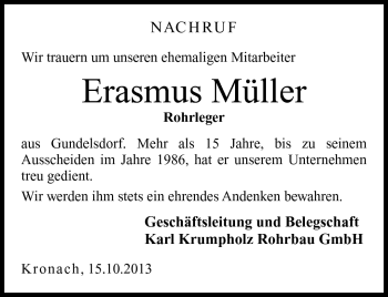 Traueranzeige von Erasmus Müller von Neue Presse Coburg