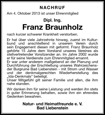 Traueranzeige von Franz Braunholz von Südthüringer Presse