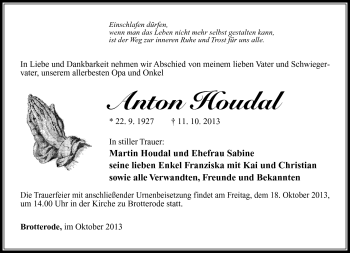 Traueranzeige von Anton Houdal von Südthüringer Presse
