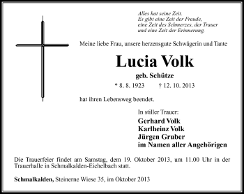 Traueranzeige von Lucia Volk von Südthüringer Presse