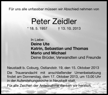 Traueranzeige von Peter Zeidler von Neue Presse Coburg