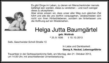 Traueranzeige von Helga Jutta Baumgärtel von Frankenpost