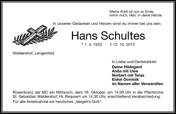 Traueranzeige von Hans Schultes von Frankenpost