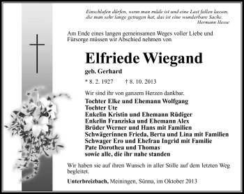 Traueranzeige von Elfriede Wiegand von Südthüringer Presse